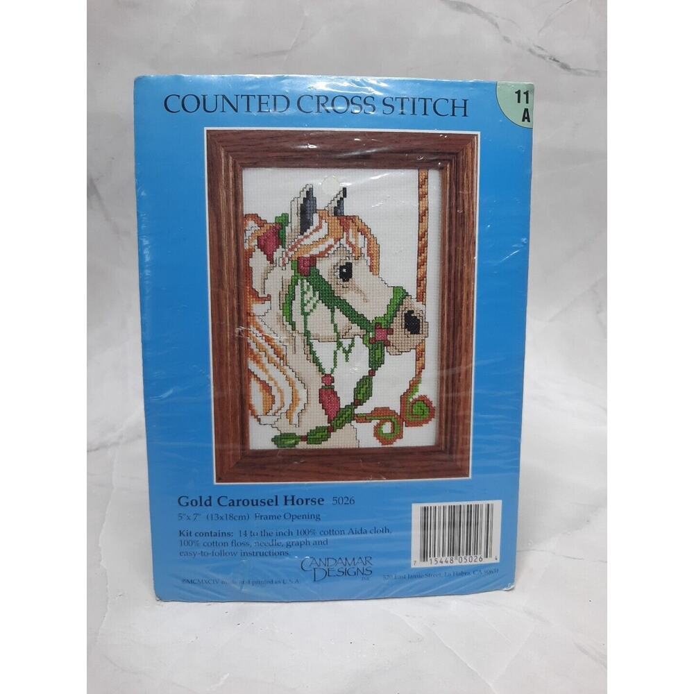 Vintage Candamar Designs Counted Cross Stitch Kit Gold Carousel Horse 5026 5x7